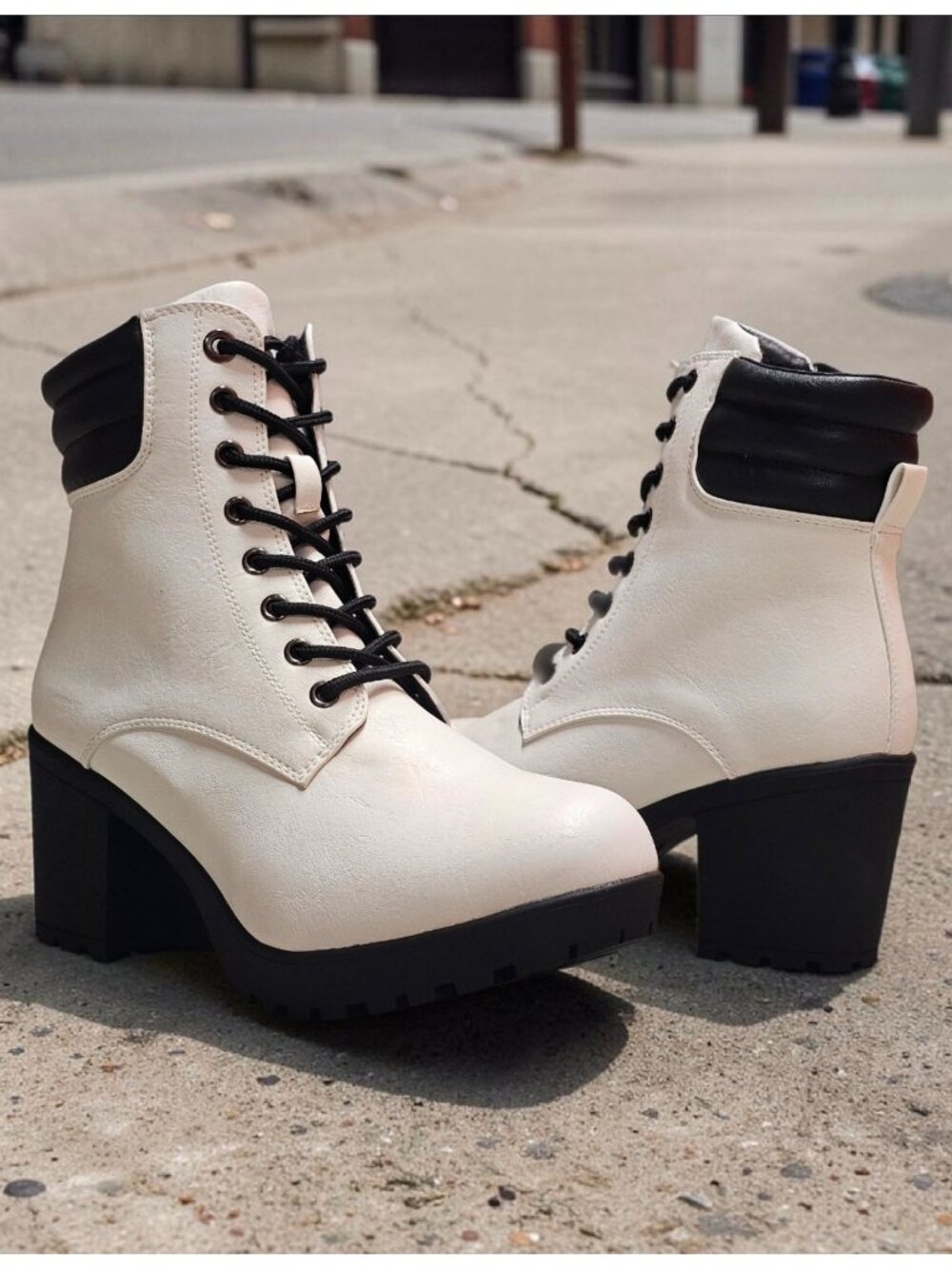 White Chunky Heel Lace-Up Ankle Boots With Black Accents Womens Stylish Faux Lea